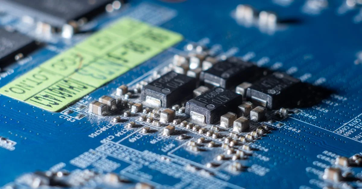 Gros plan macro détaillé d'un circuit imprimé bleu comportant de multiples microprocesseurs et composants électroniques.